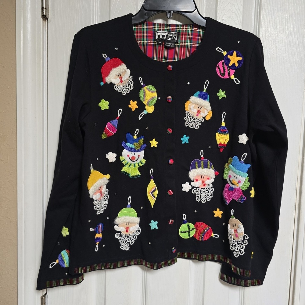 Vtg Berek Cardigan Christmas‎ Sweater Beaded Embellished  Medium Holiday Snowman